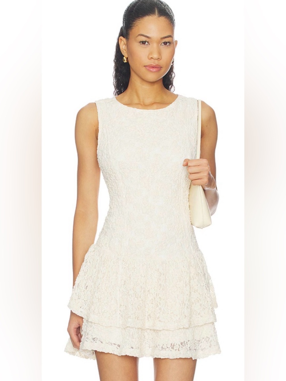 Free People Slow Burn Lace Tiered Mini Dress in Cream- NO SIZE TAG P2P 19” NWT